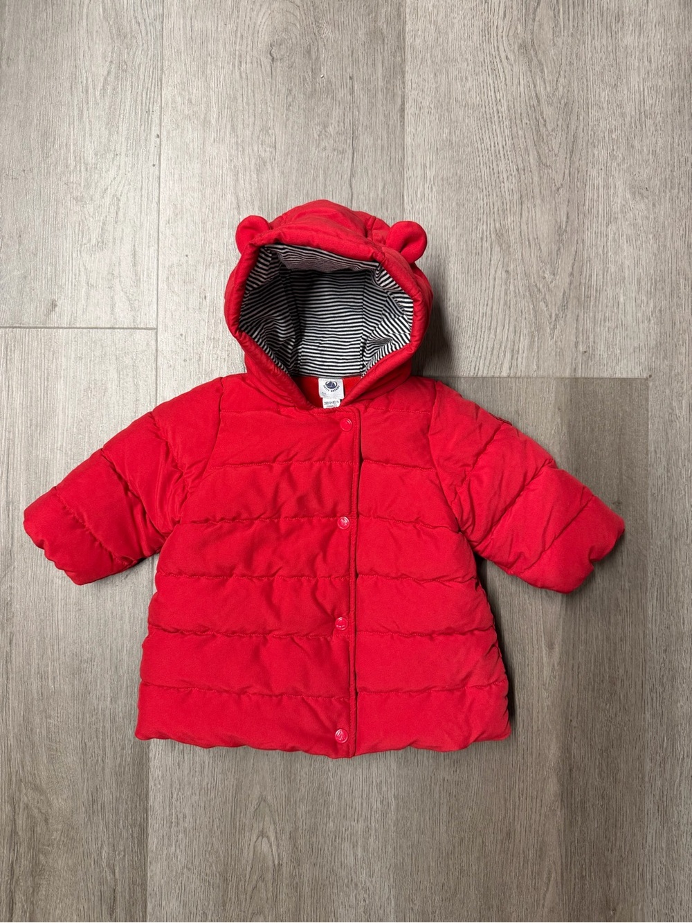 Petit Bateau Red Puffer Hooded Baby Jacket with Bear Ears (Size 6 Months)